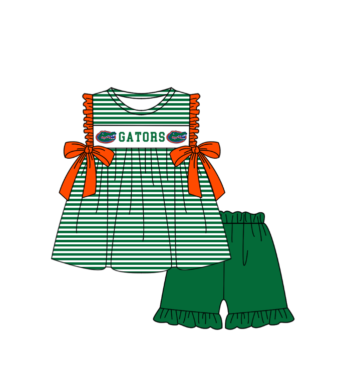 CUSTOM MOQ 5 Sibling Baby Kids Green Stripe Top Ruffles Shorts Clothes Set Knee Length Dress Rompers