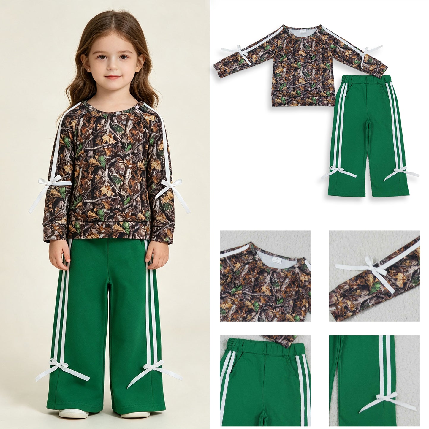 GLP3358 RTS NO MOQ （In stock）milk silk Baby Girls Long Sleeve Leaves Camo Top Pockets Bows Pant Clothes Sets