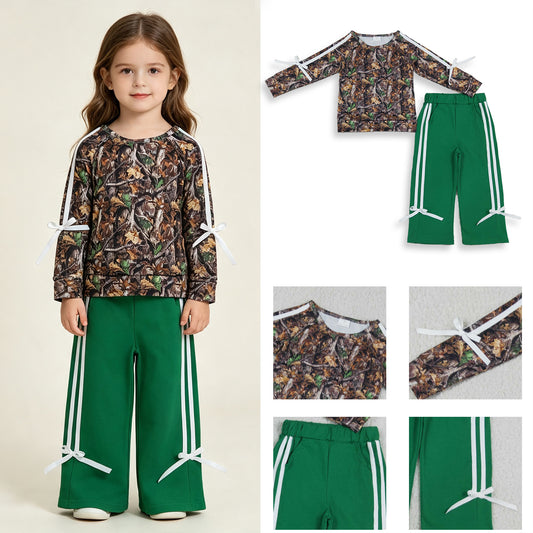 GLP3358 RTS NO MOQ （In stock）milk silk Baby Girls Long Sleeve Leaves Camo Top Pockets Bows Pant Clothes Sets