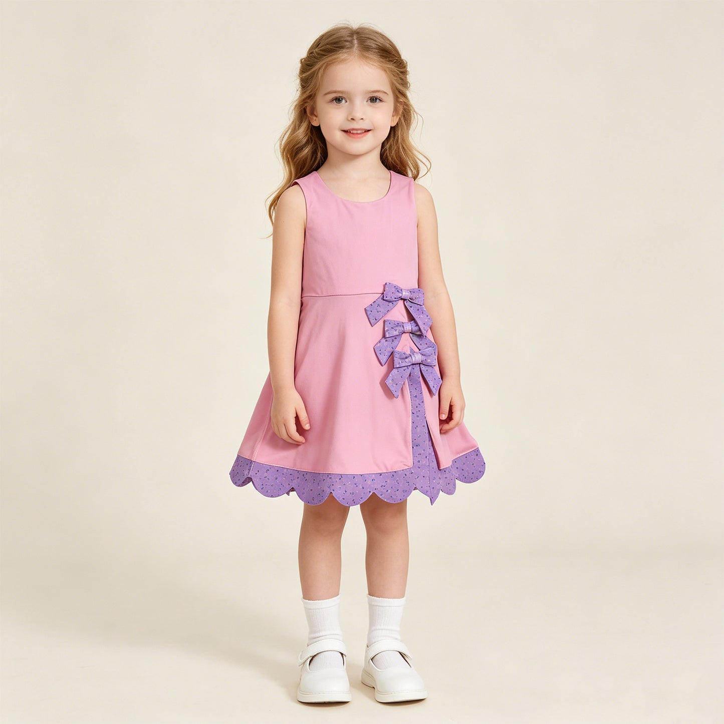 GSD3028 RTS NO MOQ （In stock ）Sleeveless floral bow pink kids girls summer athletic dress