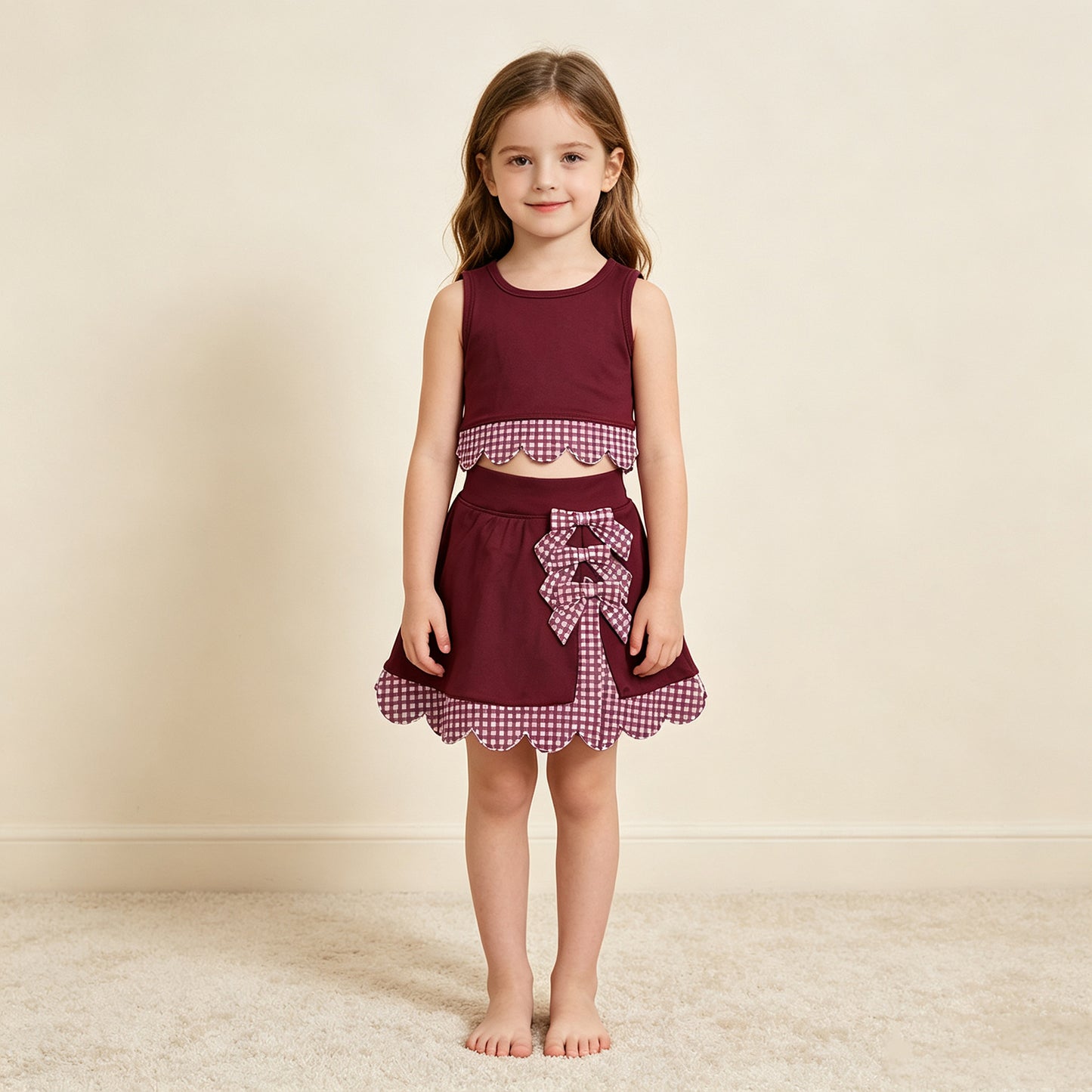 RTS NO MOQ （In stock）GSD4266 Yoga Sleeveless maroon plaid scallop girls summer active wear set