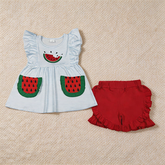 GSSO3636 RTS NO MOQ （In stock）Embroidery Watermelon Baby Girls Blue Stripe Pockets Tunic Ruffle Short Clothes Sets