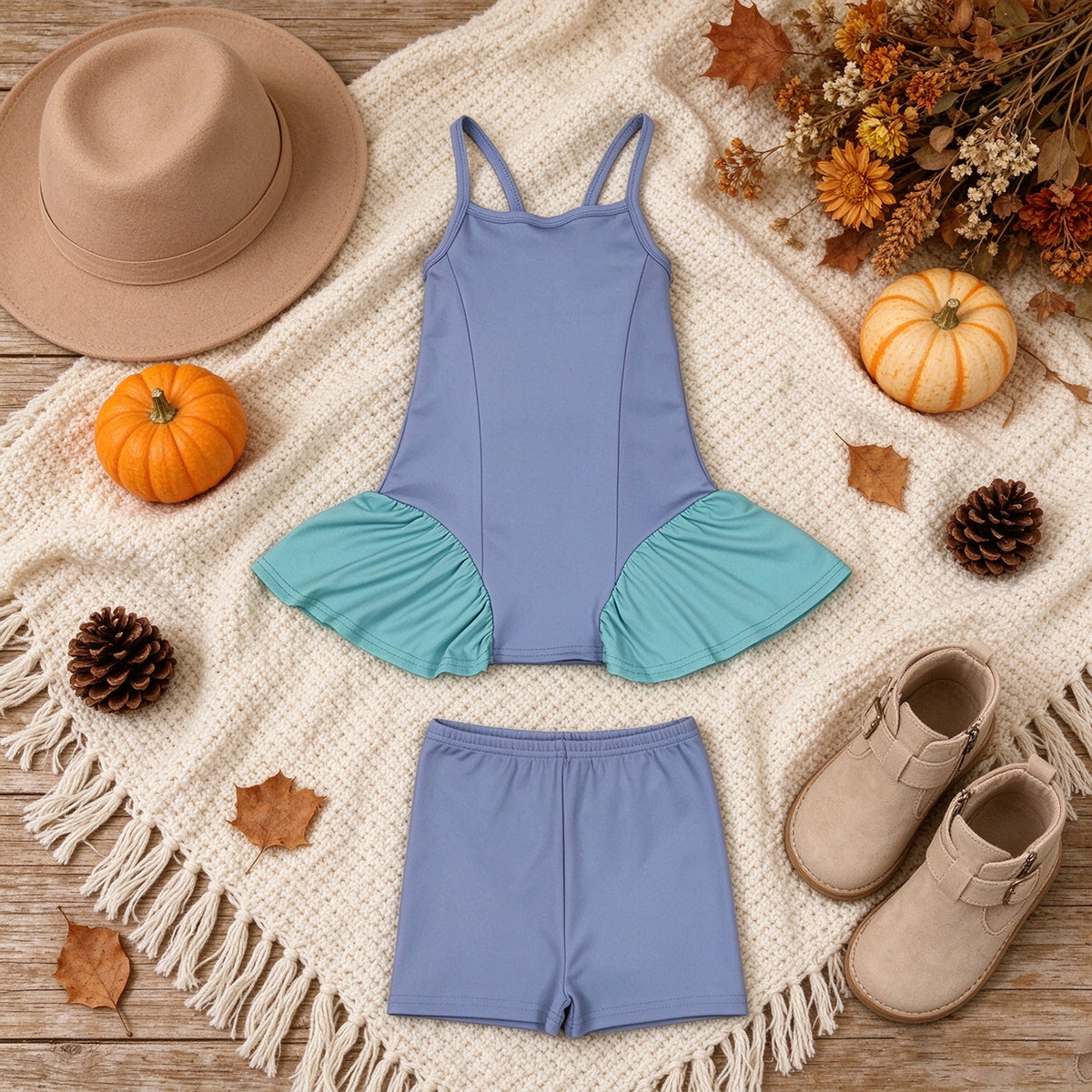RTS NO MOQ （In stock）yoga fabric GSSO3264（GSD3693+SS0831） Yoga Baby Girls Blue Strap Tunic Shorts Yoga Active Clothes Set