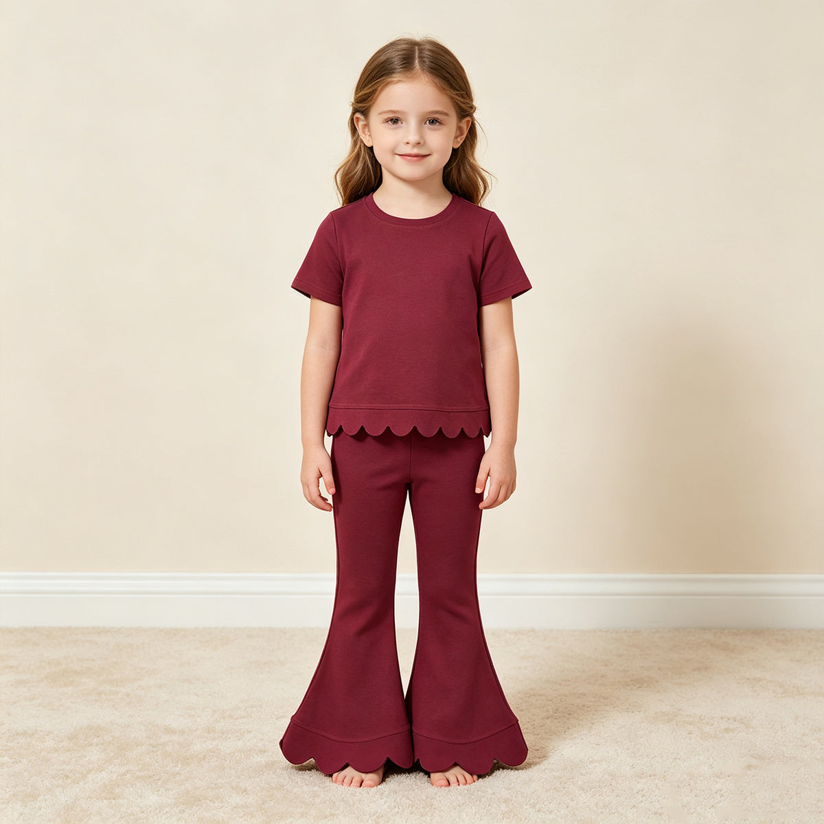 RTS NO MOQ （In stock）cotton GSPO2341（GT1771+P1079）Baby Girls Red Short Sleeve Shirts Top Flare Pant Scallop Sets