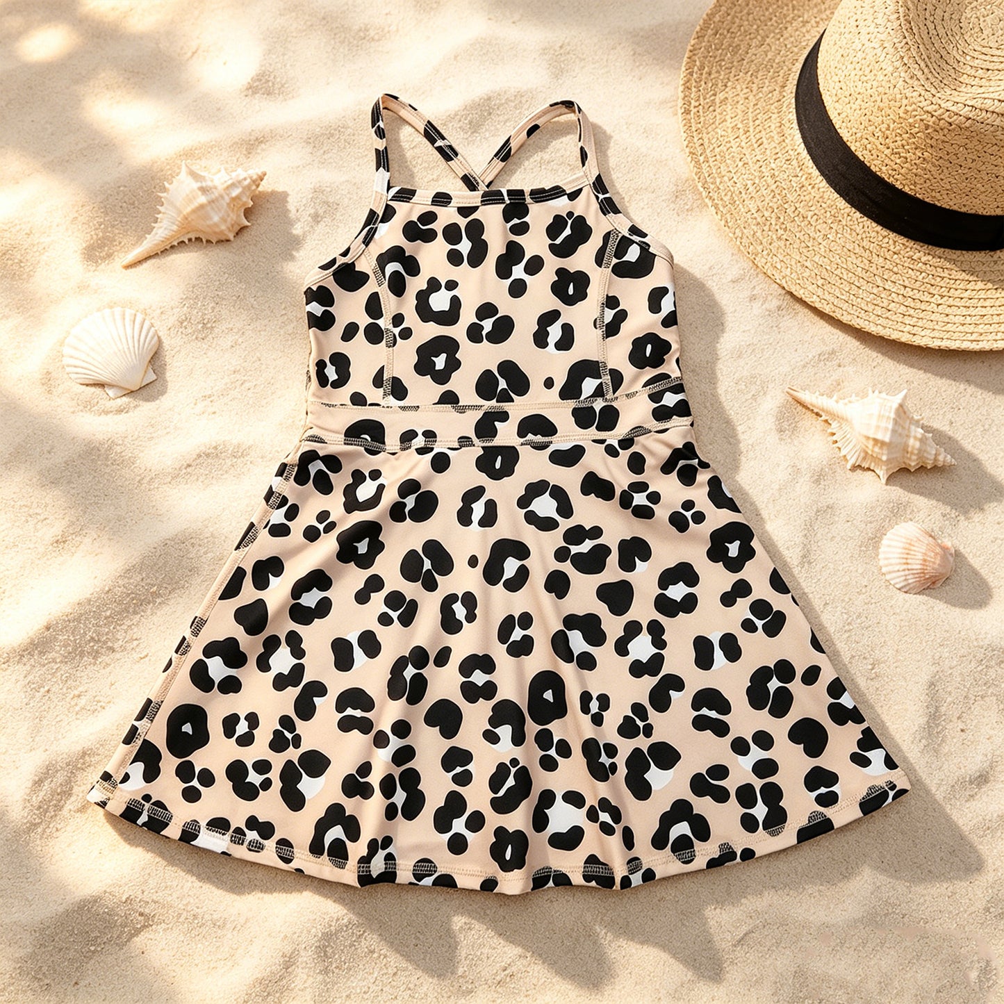 GSD2650 RTS NO MOQ （In stock ）Straps khaki leopard kids girls athletic dressese