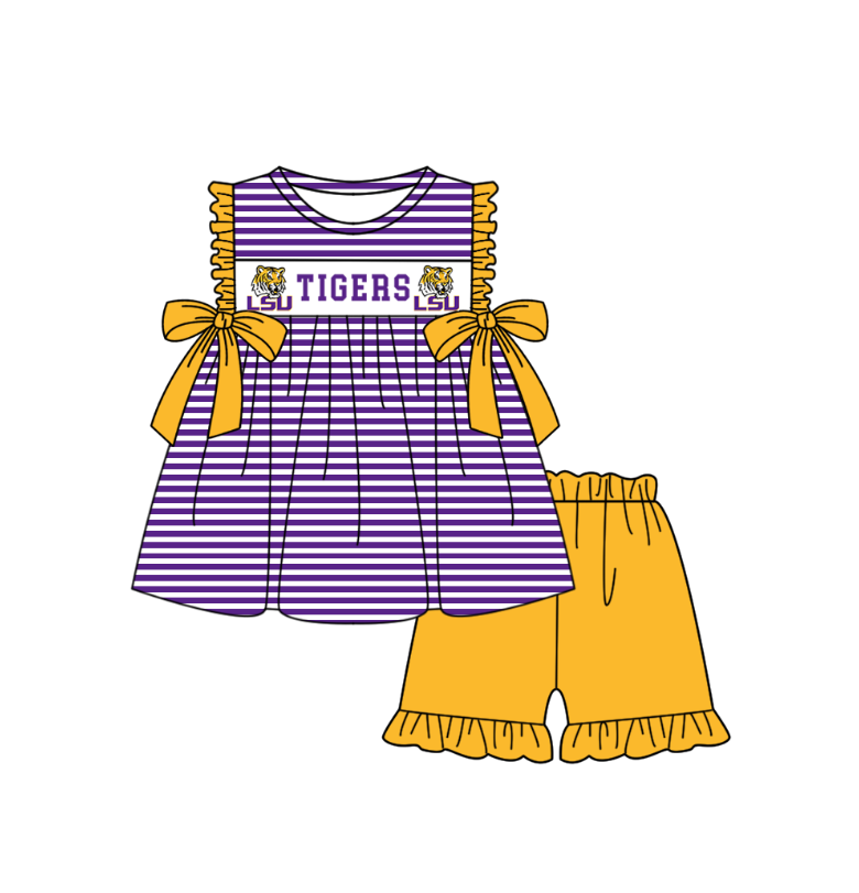 CUSTOM MOQ 5 Sibling Baby Kids Purple Stripe Top Ruffles Shorts Clothes Set Knee Length Dress Rompers
