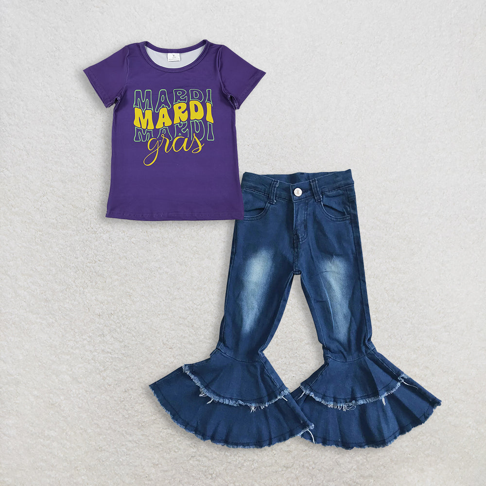 3.3 RTS NO MOQ （In stock）GT1253 + P0003 Baby Girls Summer Purple Short Sleeve Mardigras Tee Shirts Top Denim Jeans Pants Clothes Sets