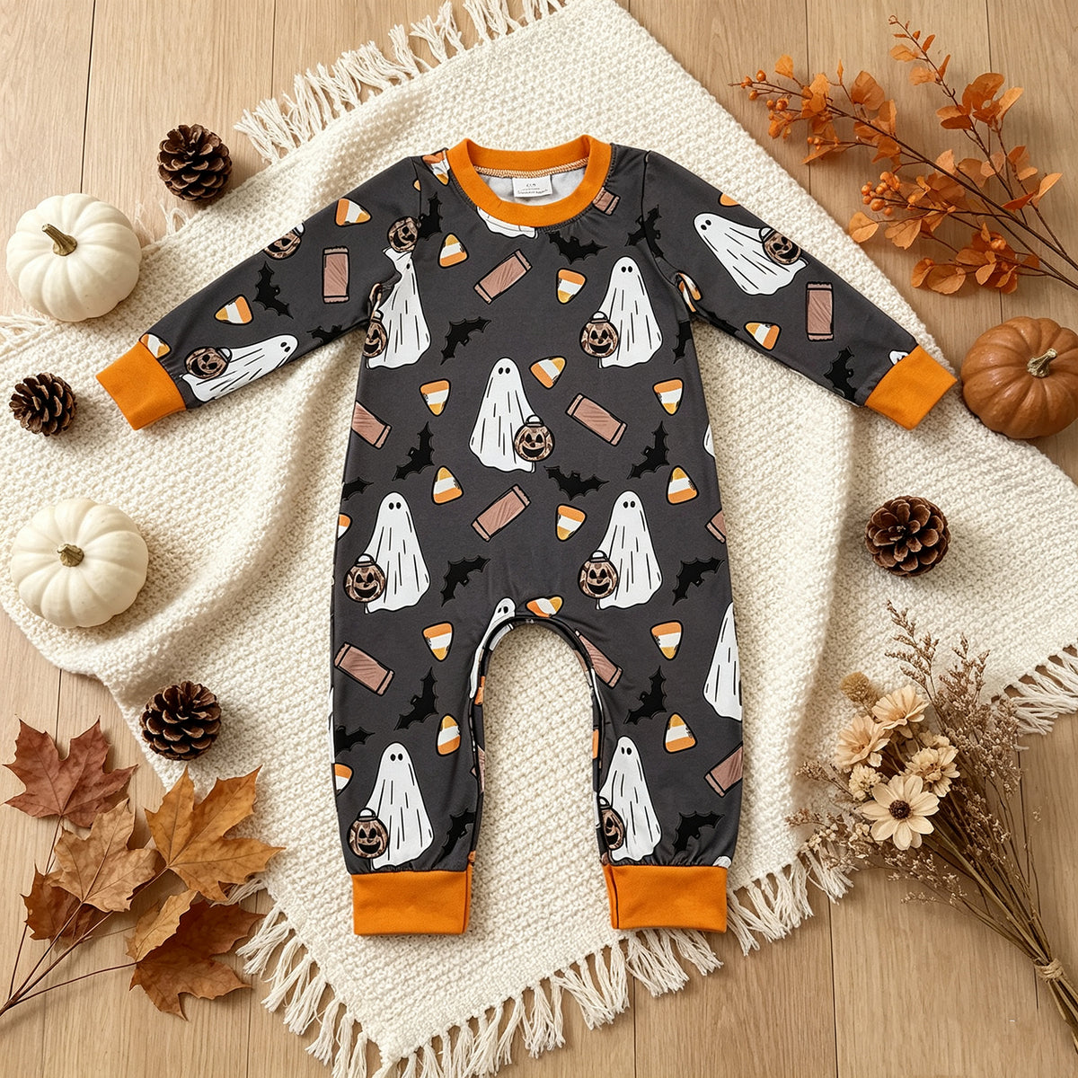 RTS NO MOQ （In stock）LR3241 milk silk Baby Boys Ghosts Pumpkins Halloween Long Sleeve Cute Fall Romper