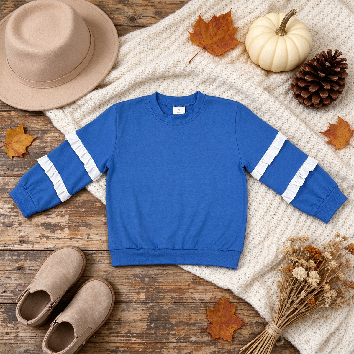 RTS NO MOQ （In stock）cotton GT1860 Baby Girls Blue White Patchwork Long Sleeve T-shirts Top