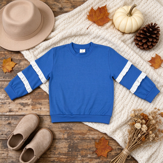 RTS NO MOQ （In stock）cotton GT1860 Baby Girls Blue White Patchwork Long Sleeve T-shirts Top