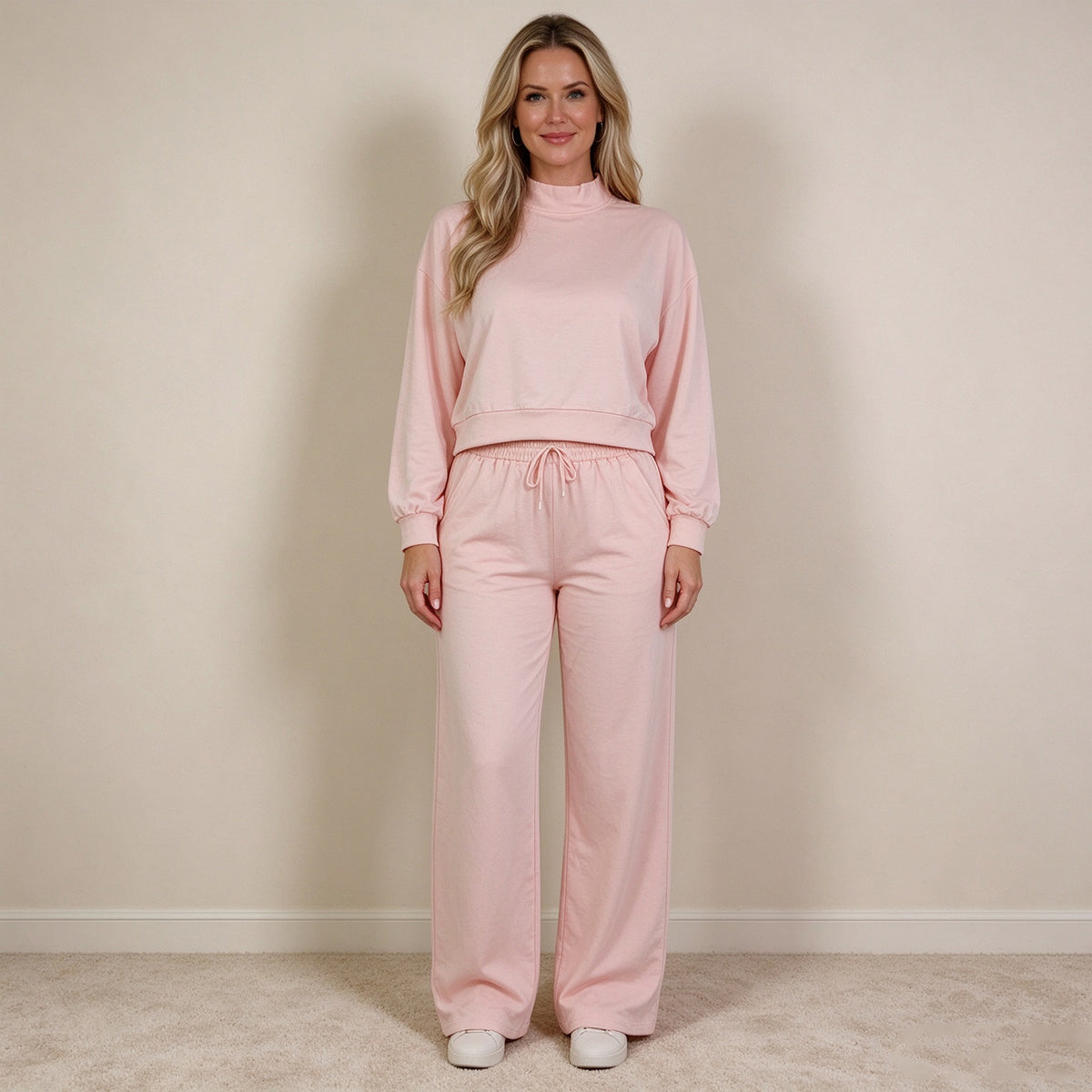 RTS NO MOQ （In stock）cotton GLP3415 Adult Women Light Pink Long Sleeve Top And Flare Pant Fall Pajamas Set