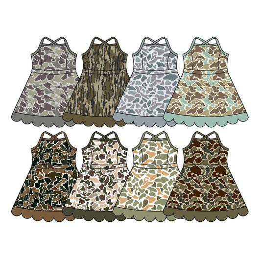 CUSTOM MOQ 5 Sibling Baby Girls Strap Camo Yoga Ruffle Knee Length Dresses