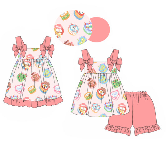 Girls Bow Strap Tunic Shorts Set Cute Toy Cake Print Top And Bottoms Children's Clothing Set for Girls