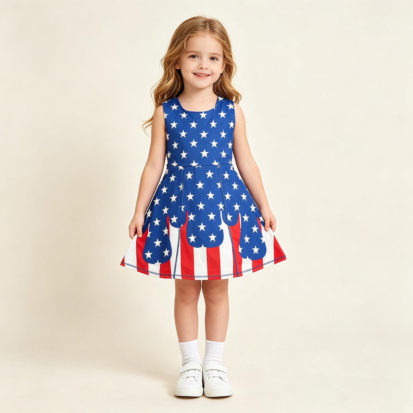 GSD3813 RTS NO MOQ （In stock ）Stars stripe ice cream sprinkle girls 4th of july athletic dress