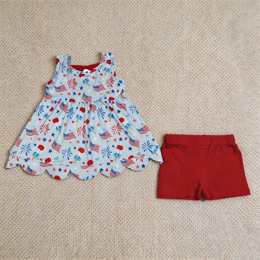 GSSO3386 RTS NO MOQ （In stock）Popsicle flag scallop tunic shorts girls 4th of july outfits