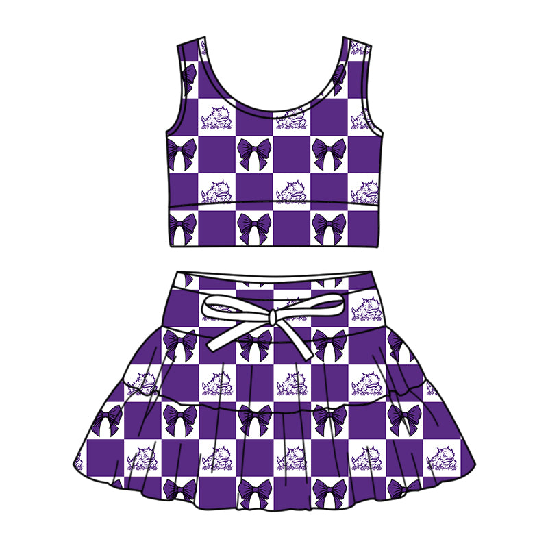 CUSTOM MOQ 5 Sibing Kids Clothing for Girls Baby Girls Purple Bow Top Skirts Yoga Active Team Clothes Sets Knee Length Dress Shorts