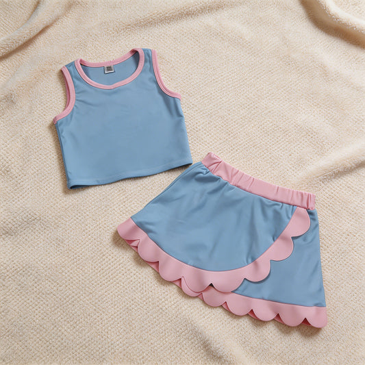 GSD4014 RTS NO MOQ （In stock）Baby Girls Sleeveless Blue Vest Scallop Skirt Short Yoga Active Clothes Set
