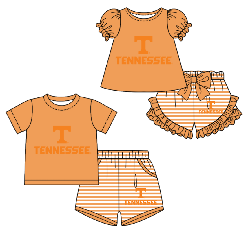 CUSTOM MOQ 5 Sibling Boys Baby Girls Orange T Top Stripe Shorts Clothes Sets