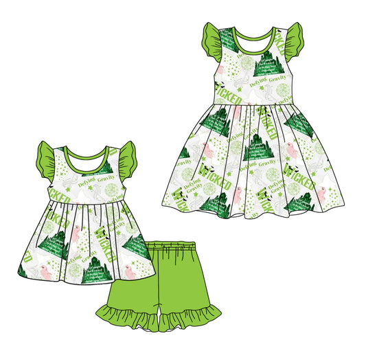 Green flutter sleeves witches tunic shorts girls outfits