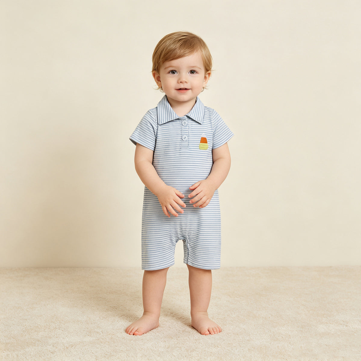 RTS NO MOQ （In stock）milk silk SR4281 Embroidery Baby Boys Blue Stripe Candy Print Short Sleeve Button Halloween Rompers