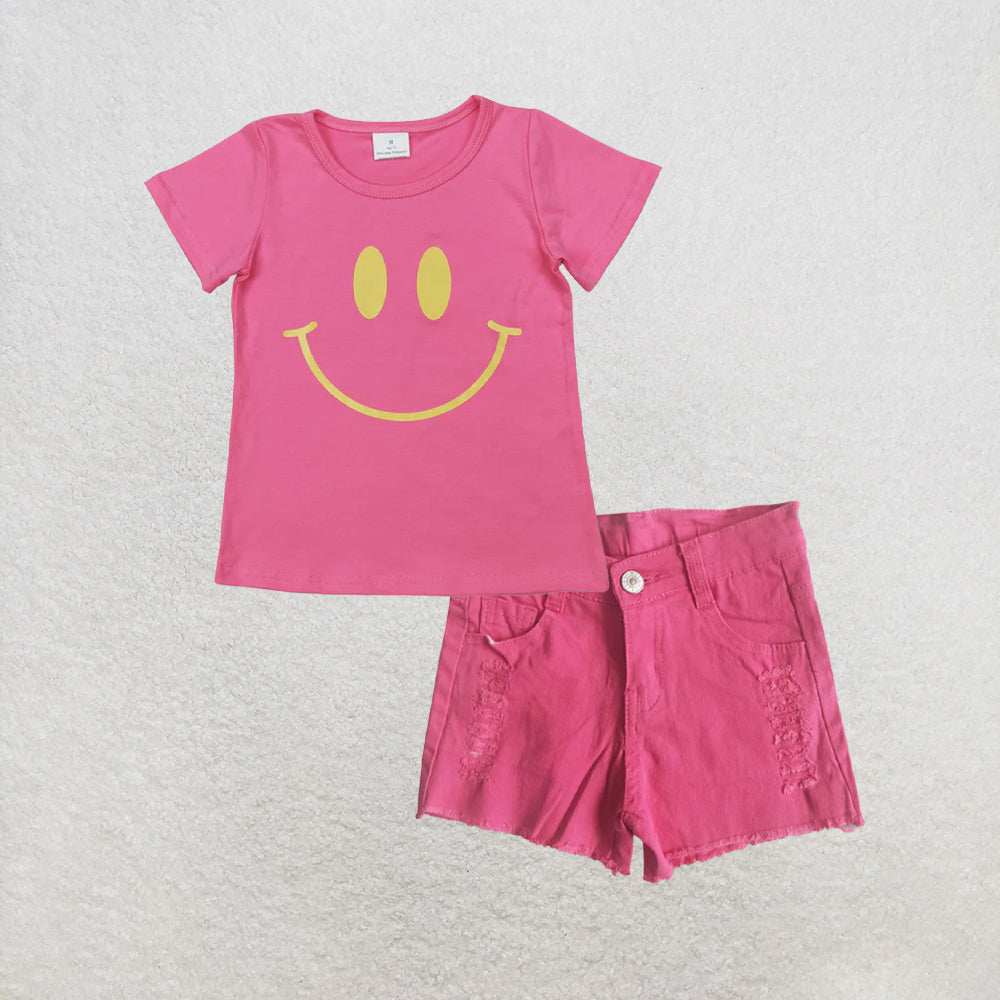 5.25 RTS NO MOQ （In stock）GT0959+A9-24 Hot pink short sleeves girls summer shirt with Hot red waistband denim shorts