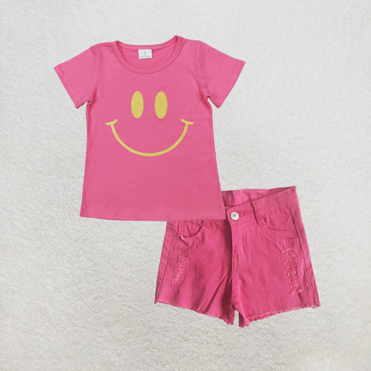 5.25 RTS NO MOQ （In stock）GT0959+A9-24 Hot pink short sleeves girls summer shirt with Hot red waistband denim shorts