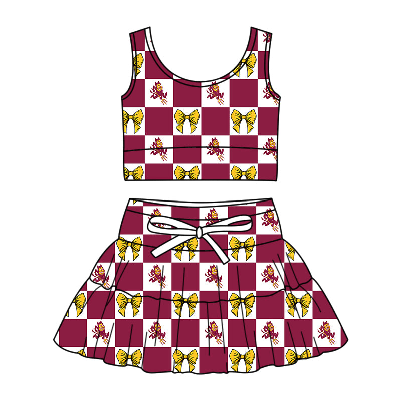 CUSTOM MOQ 5 Sibing Kids Clothing for Girls Baby Girls Dark Red Bow Top Skirts Yoga Active Team Clothes Sets Knee Length Dress Shorts