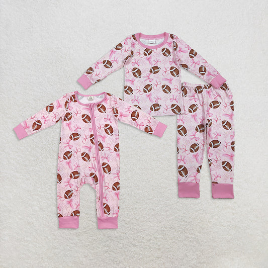 RTS Sibling Baby Girls Winter Outfits Pink bow football baby girls pajamas rompers