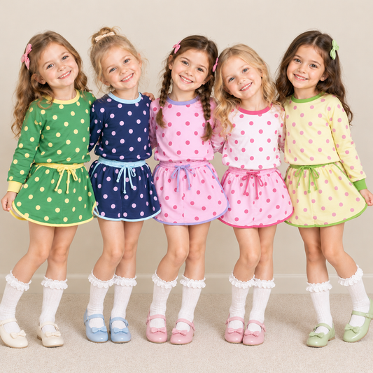 RTS NO MOQ Sibling milk silk Baby Girls Polka Dots Long Sleeve Shirt Top Skirt Short Set