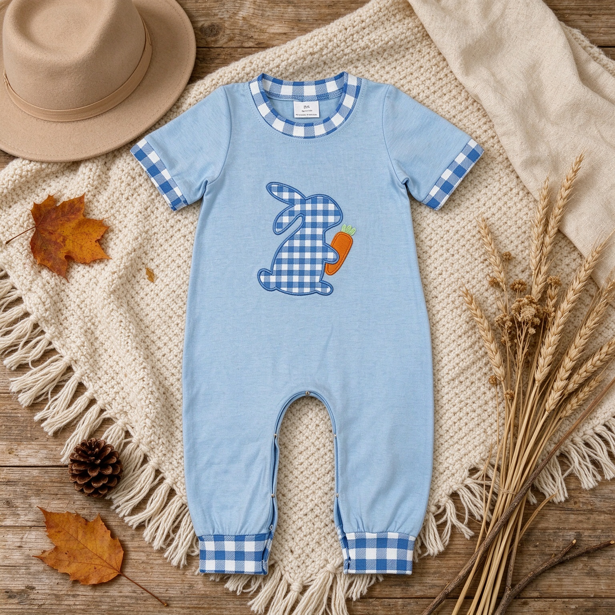 RTS NO MOQ （In stock）milk silk SR4297 Embroidery Rabbit And Carrots Baby Boys Blue Checked Easter Short Sleeve Pant Rompers