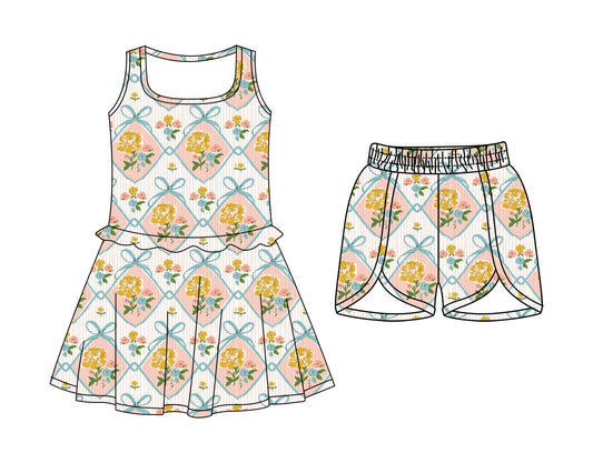 CUSTOM MOQ 5 Sibling Baby Girls Sleeveless Yellow Flowers Knee Length Dress Shorts Yoga Athletic Sets