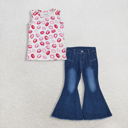 3.2 RTS NO MOQ （In stock）GT1419 + P0457 Baby Girls Summer Red Sleeveless Shirt Denim Jeans Pants Clothes Sets