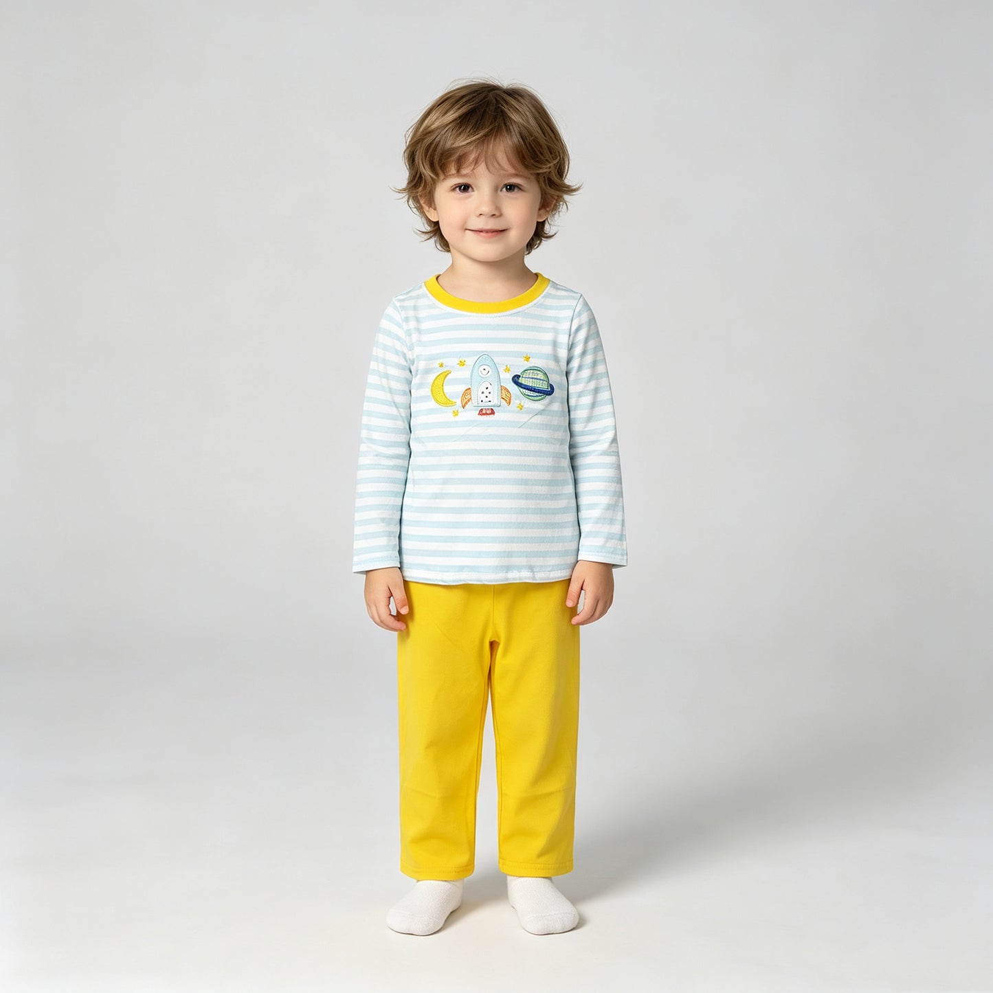 BLP1455  RTS NO MOQ （In stock）Embroidery Baby Boys Blue Stripe With Rocket Moon Embroidery Top Pant Sets