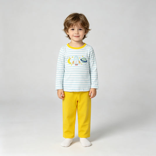 BLP1455  RTS NO MOQ （In stock）Embroidery Baby Boys Blue Stripe With Rocket Moon Embroidery Top Pant Sets