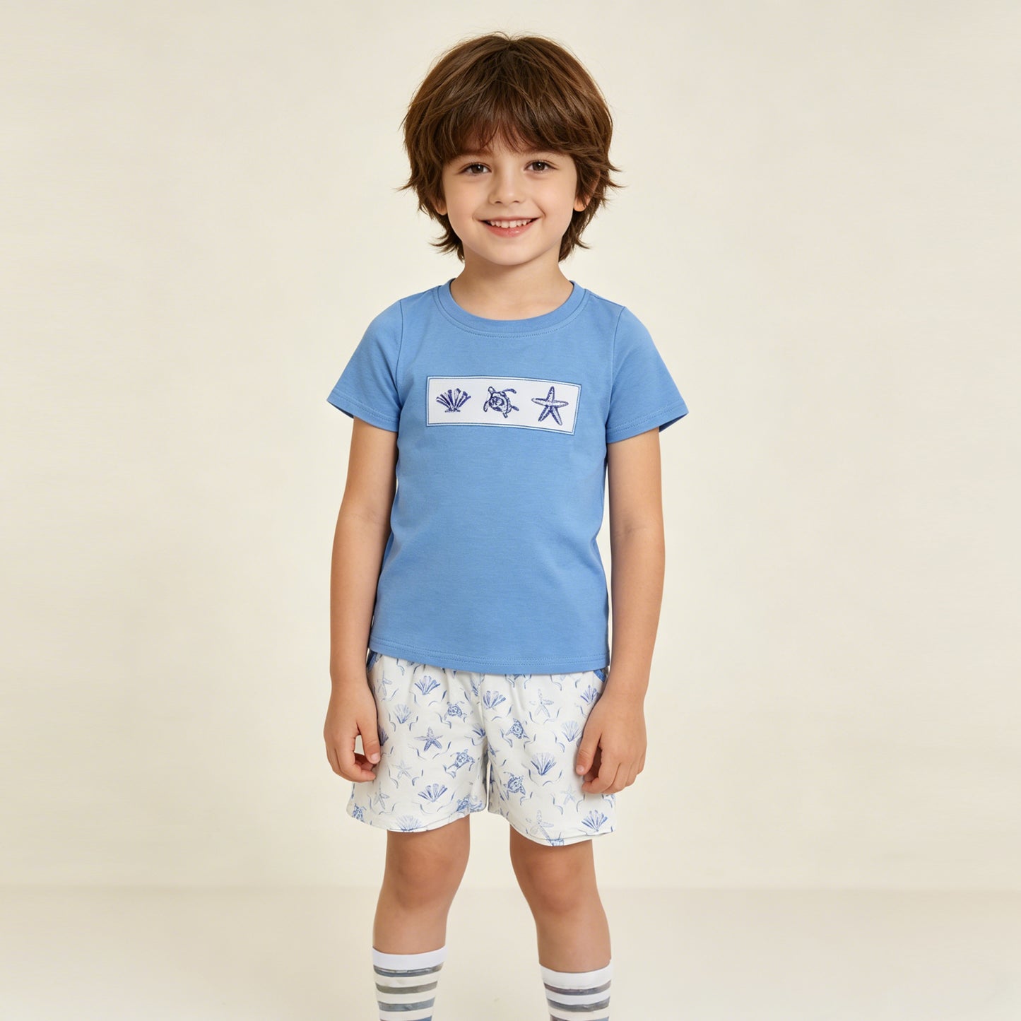 BSSO1979 RTS NO MOQ （In stock ）Turtle shell starfish embroidery top shorts kids boys outfits