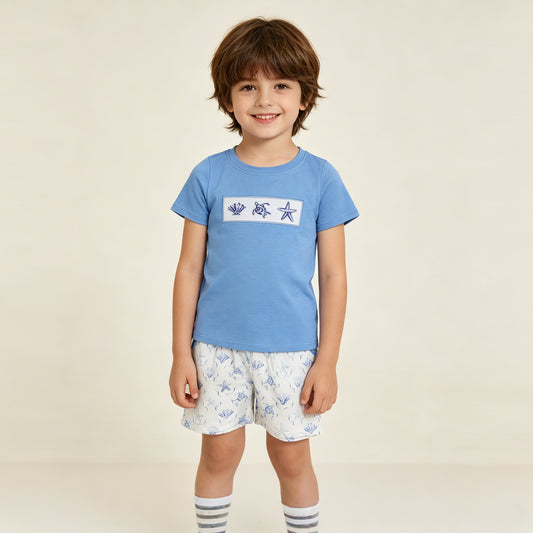 BSSO1979 RTS NO MOQ （In stock ）Turtle shell starfish embroidery top shorts kids boys outfits