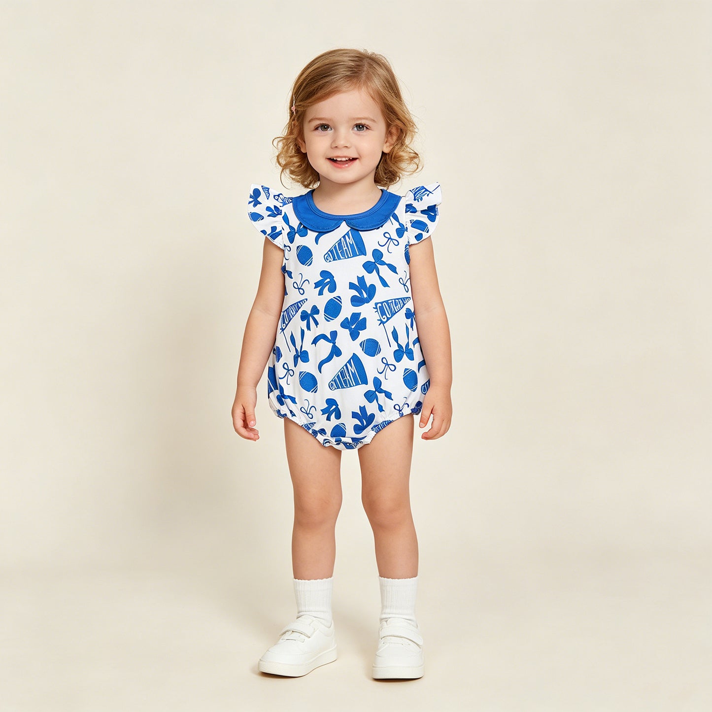 SR3192 RTS NO MOQ （In stock）Flutter sleeves football blue bow baby girls team romper
