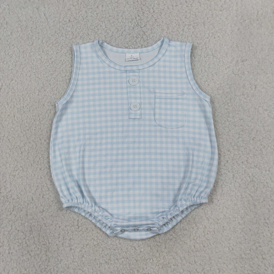 SR4232 RTS NO MOQ （In stock）Baby Kids Sleeveless Light Blue Checked Button Pocket Rompers