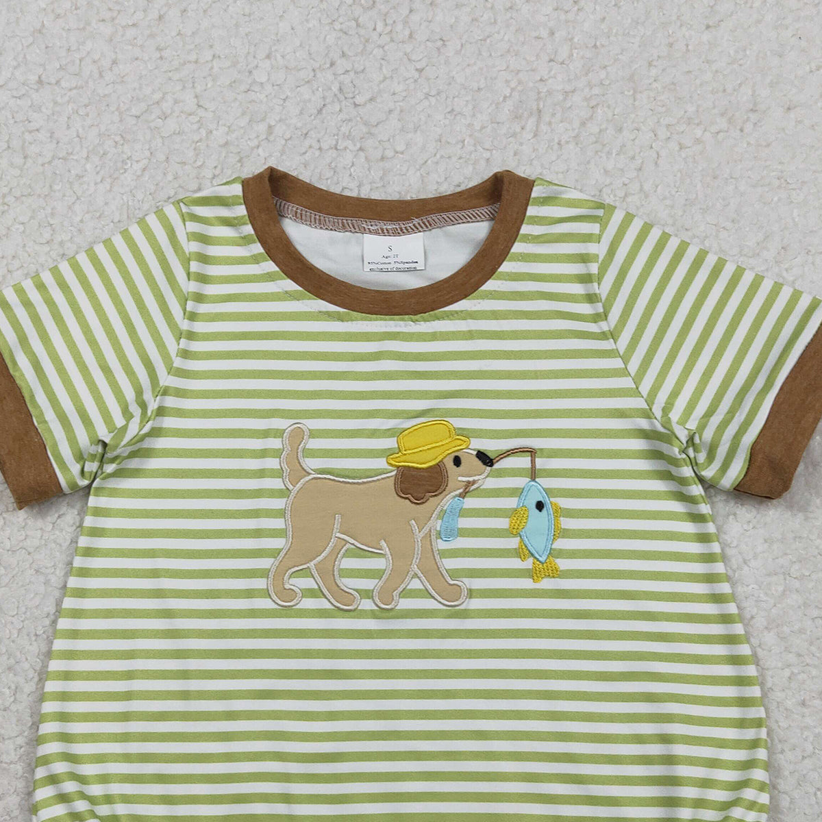 1.27 RTS NO MOQ （In stock）SR3765 Embroidery Dog Fishes Baby Boys Short Sleeve Stripe Hunting Rompers
