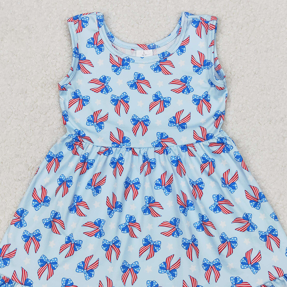 GSD1965 New Rts No Moq 8-9 Days By Air Arrived it Sleeveless blue stars stripe bows baby girls 4th of july dress