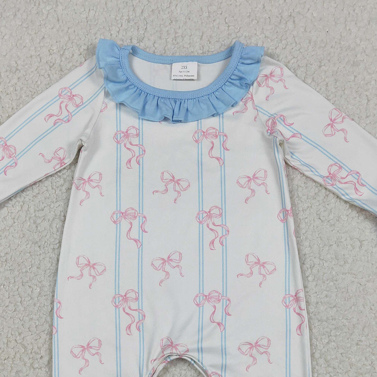 12.29 RTS NO MOQ （In stock）LR2845 Baby Girls Winter Rompers Baby Girls Pink Bows Stripe Collar Ruffle Foodie Rompers