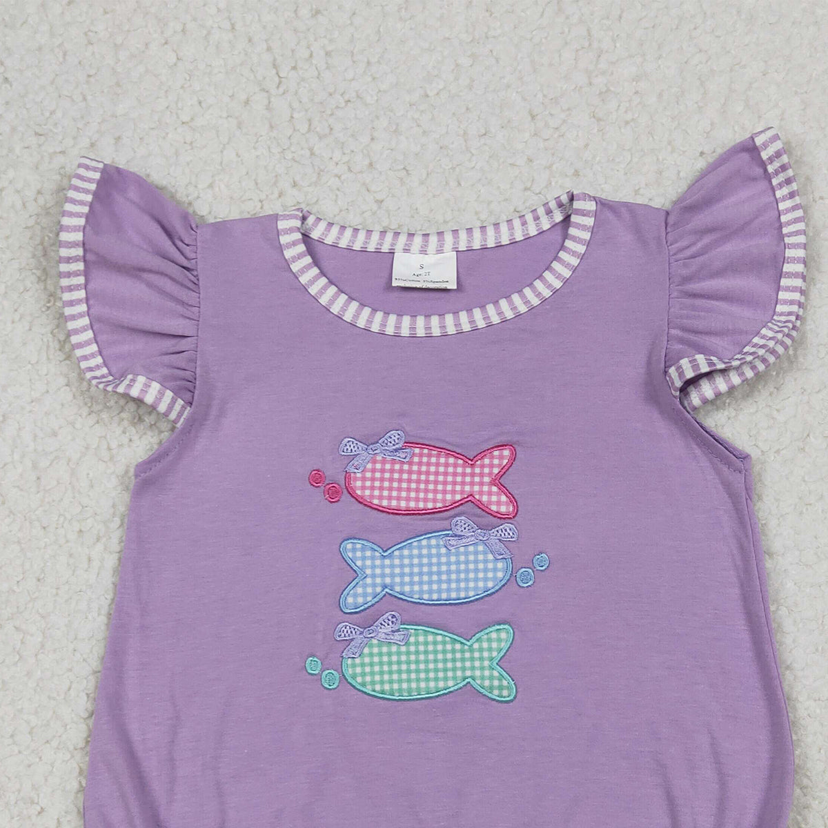 4.13 SR4006 RTS NO MOQ （In stock）Lavender flutter sleeves fish bow baby girl summer romper