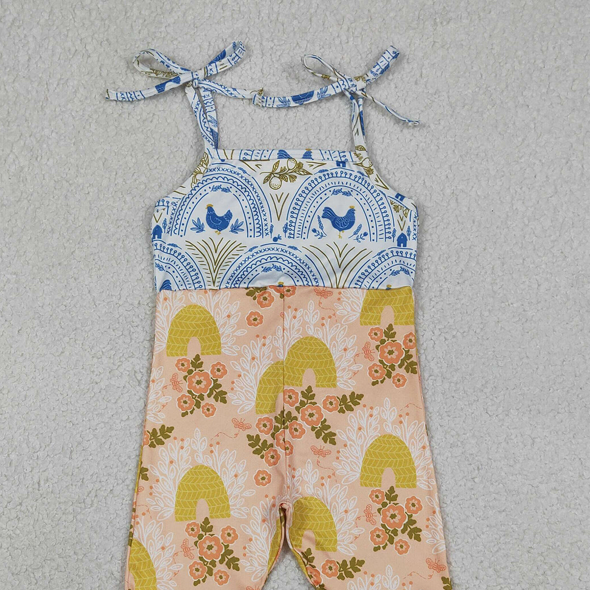 1.20 RTS NO MOQ （In stock）SR3582 Baby Girls Strap Farm Chicks Flowers Patchwork Bell Bottom Jumpsuits