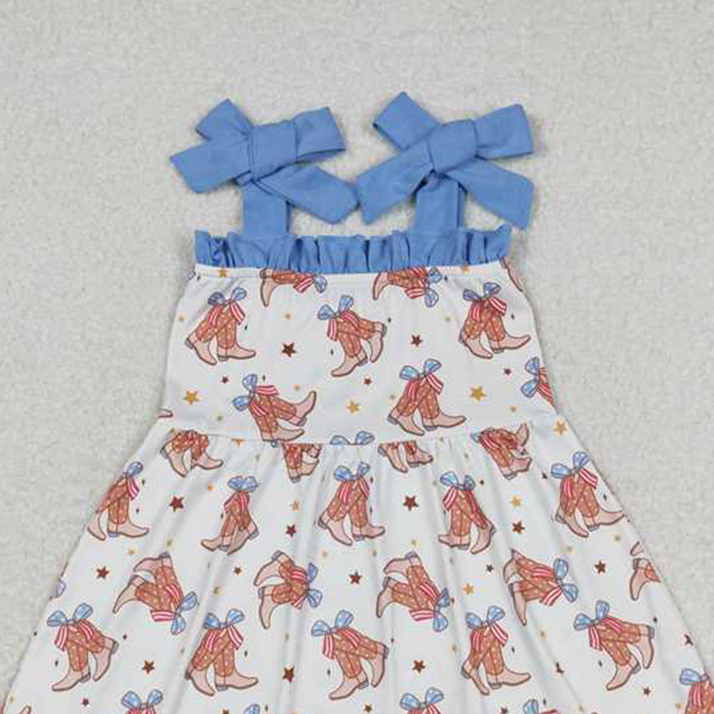 6.24   GSD1166 RTS NO MOQ Straps bow boots girls western 4th of july dresses