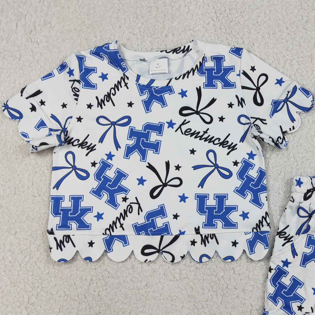 3.24 RTS NO MOQ （In stock）GSSO3255 Kids Clothing for Baby Girls Short Sleeve Blue Star Bows UK Top Scallop Shorts Team Clothes Sets