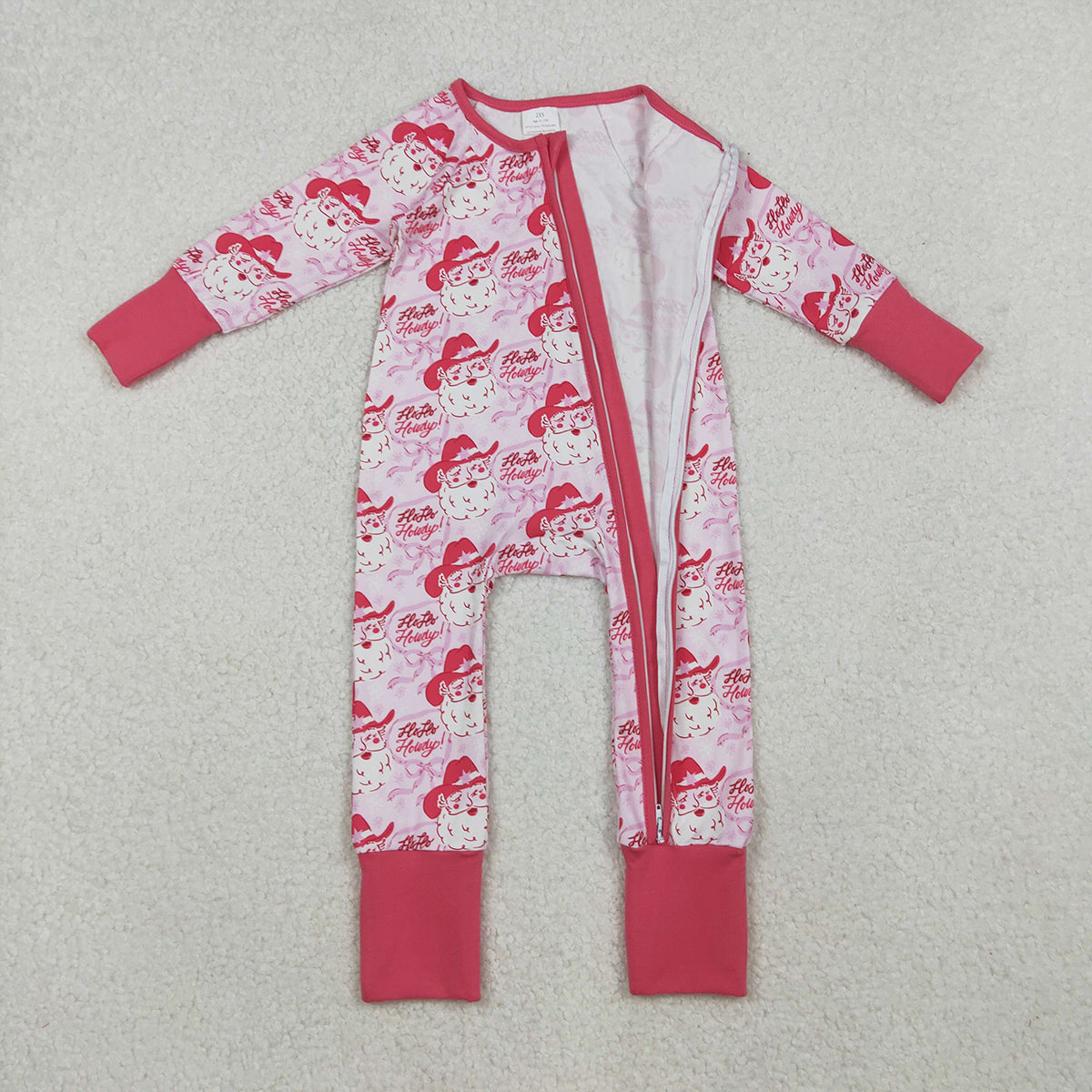 10.15 RTS NO MOQ （In stock）LR2243 Baby Girls Winter Rompers Baby Girls Pink Bows Santa Christmas Zipper Footie Rompers
