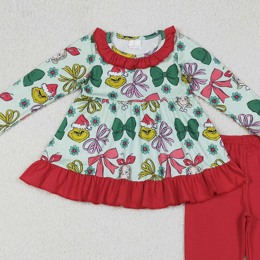 RTS NO MOQ （In stock）GLP2651 Baby Girls Winter Outfits Christmas Bows Plaid Green Faces Tunic Ruffle Pants Sets