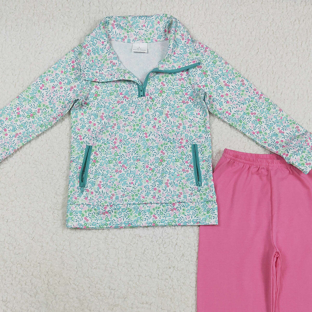 RTS NO MOQ （In stock）GLP2414 Baby Girls Winter Outfits Baby Girls Long Sleeves Green Floral Pockets Zipper Top Pink Pants Sets