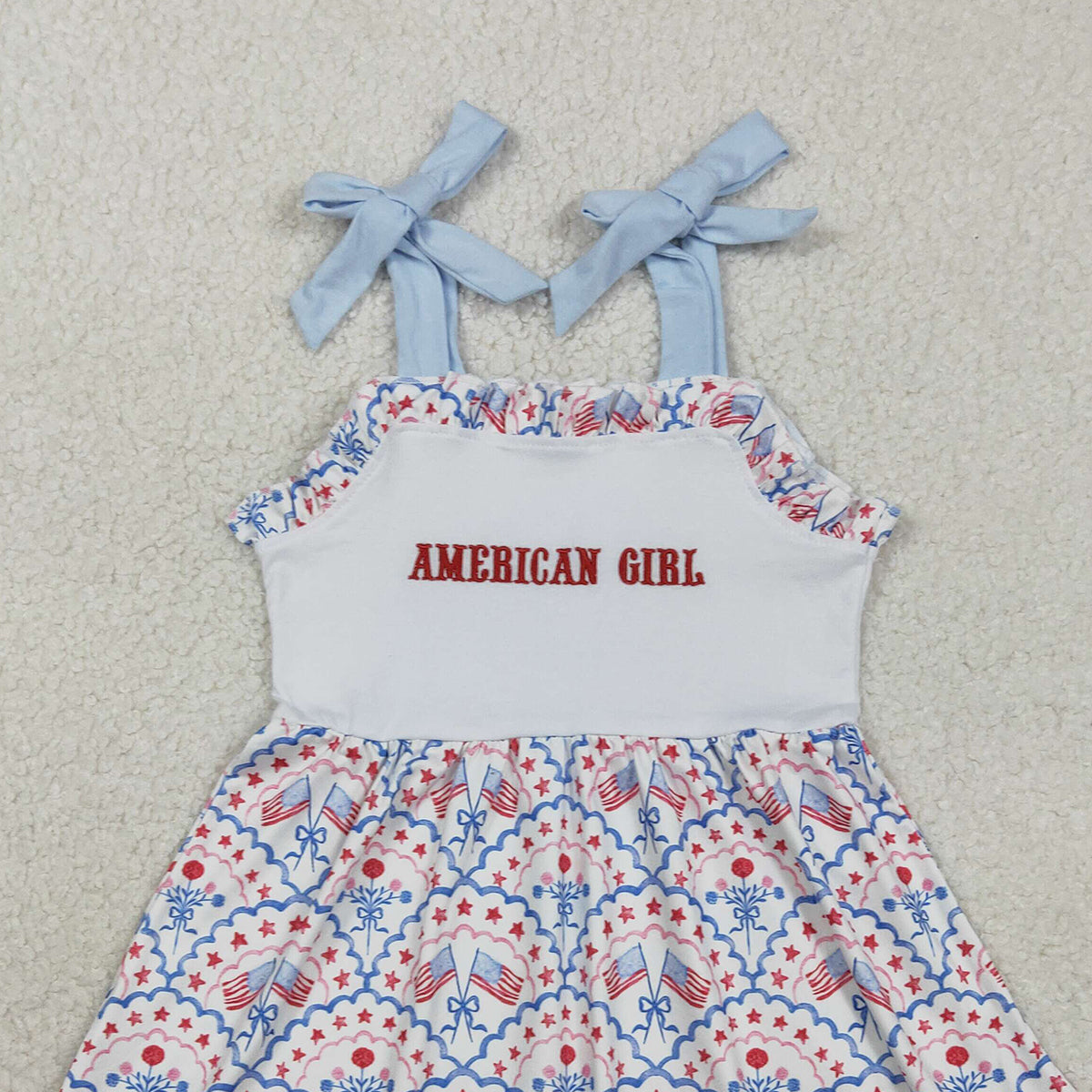 1.23 RTS NO MOQ （In stock）GSD3239 Embroidery American Girls Strap Bows Flags 4th of July Ruffle Knee Length Dress