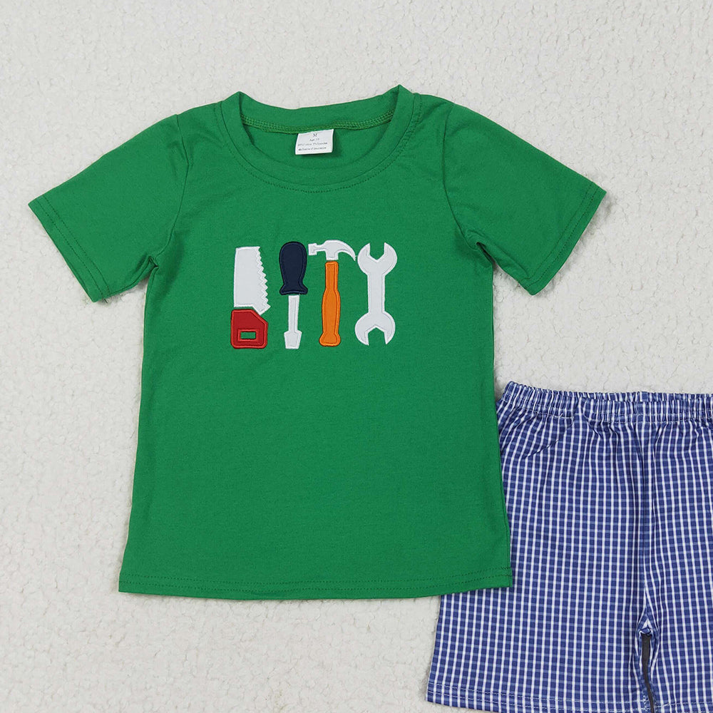BSSO1066 RTS NO MOQ Baby Boys Summer Boys Outfits Baby Boys Green Tools Shirts Checkered Shorts Clothes Sets Preorder